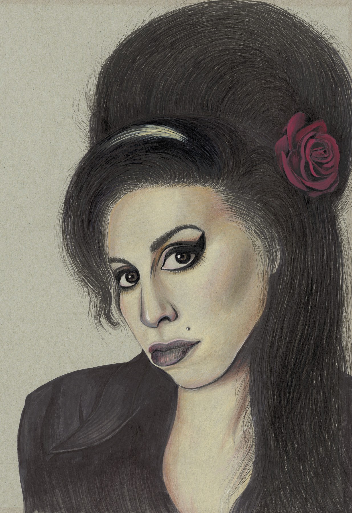 A portrait of Amy Winehouse with a dark beehive hairstyle and a deep red rose against textured grey.