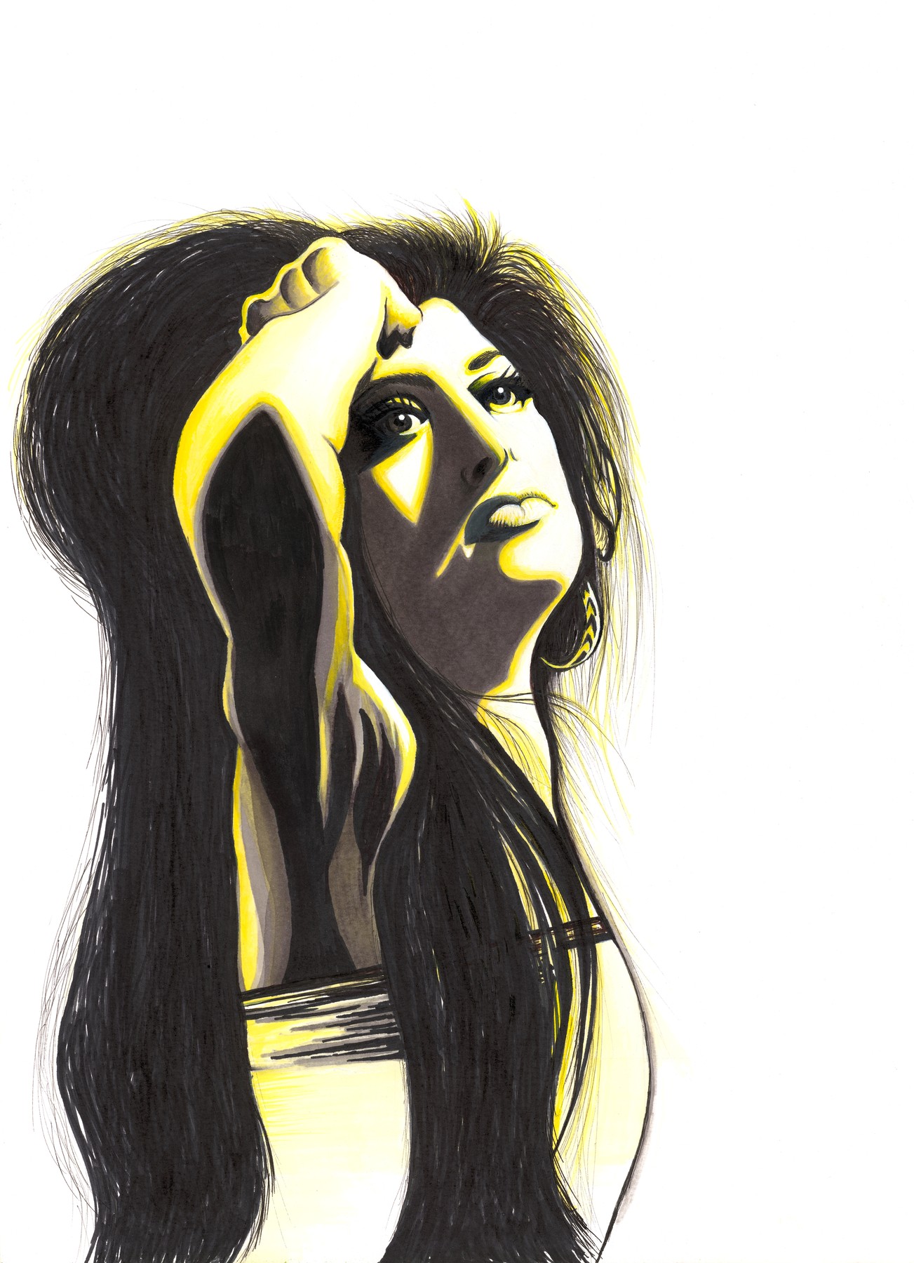 A portrait of Amy Winehouse with an arm raised above her head, in black, white and vivid yellow.