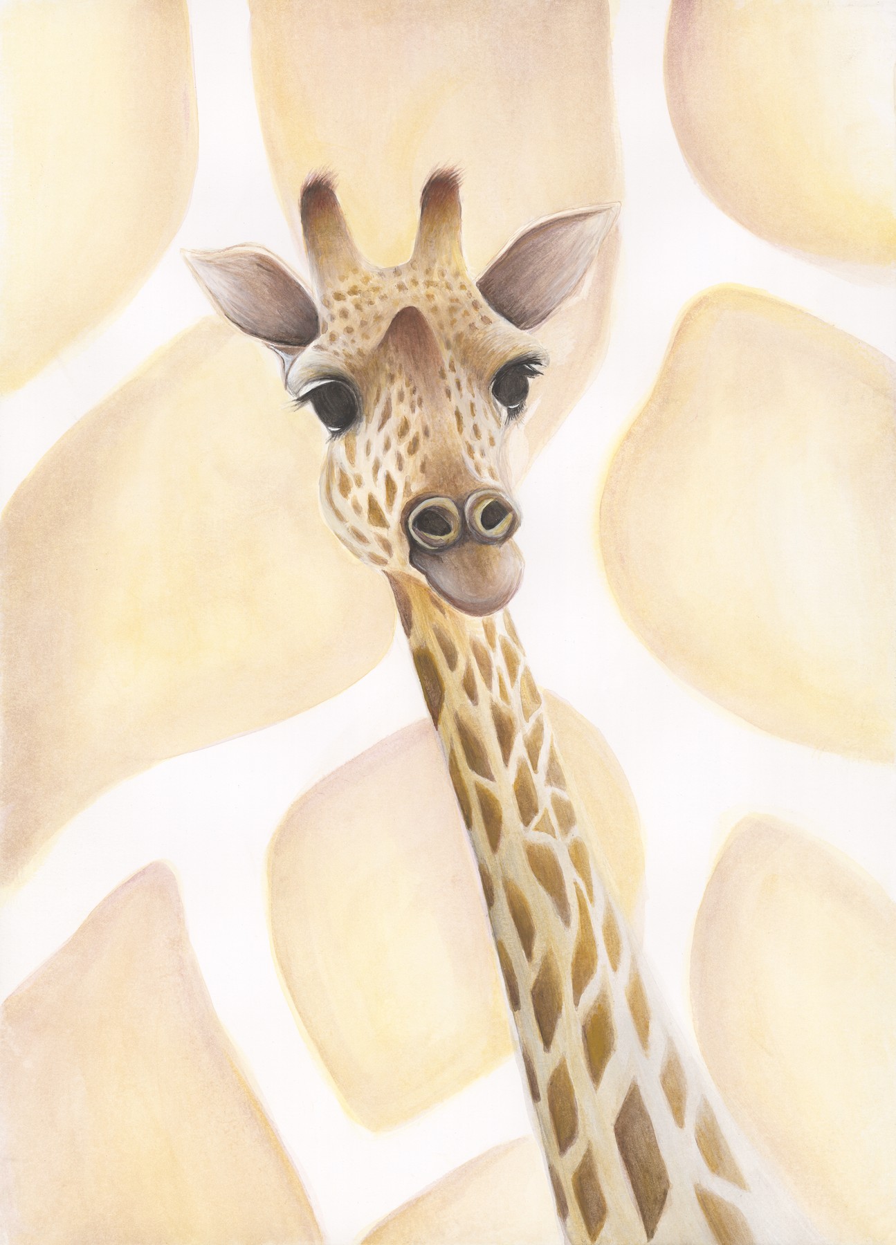 A giraffe with long eyelashes, surrounded by softly painted golden giraffe markings.