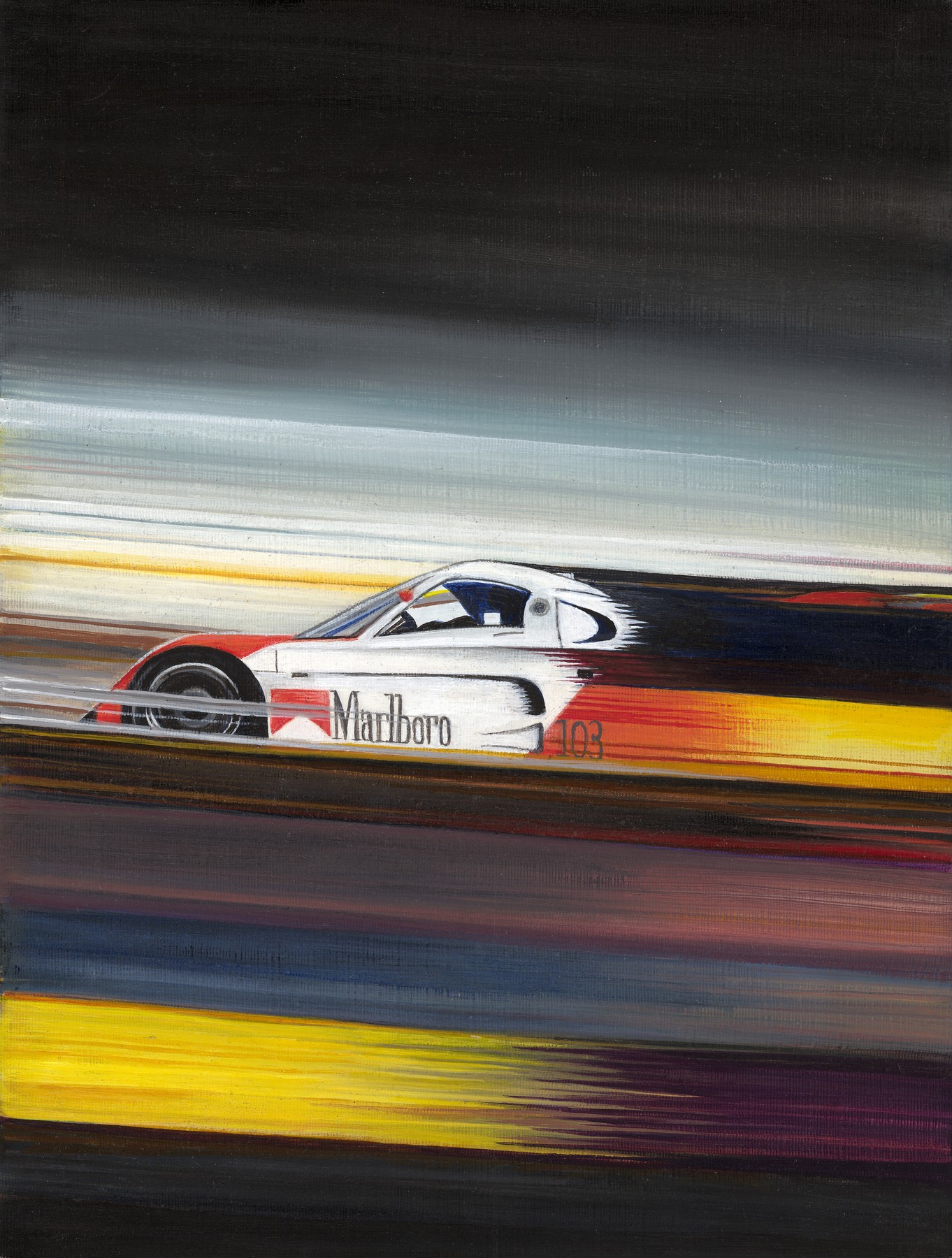 A white and red racing car surrounded by horizontal streaks of yellow, blue and red that suggest speed.