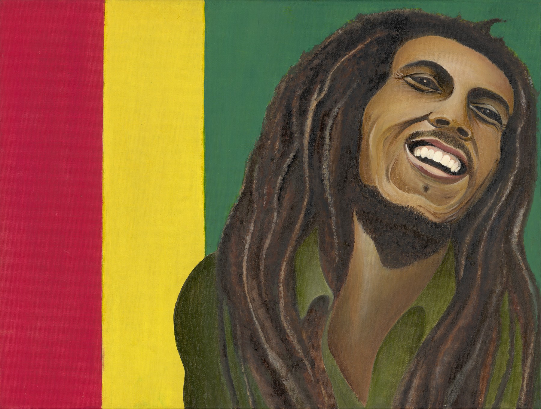 A smiling Bob Marley with long dreadlocks against bold vertical red, yellow and green bands.