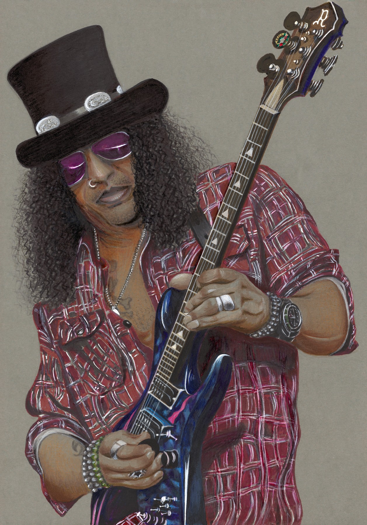 A portrait of Slash wearing a black top hat, purple glasses and a red checked shirt, playing a dark electric guitar.